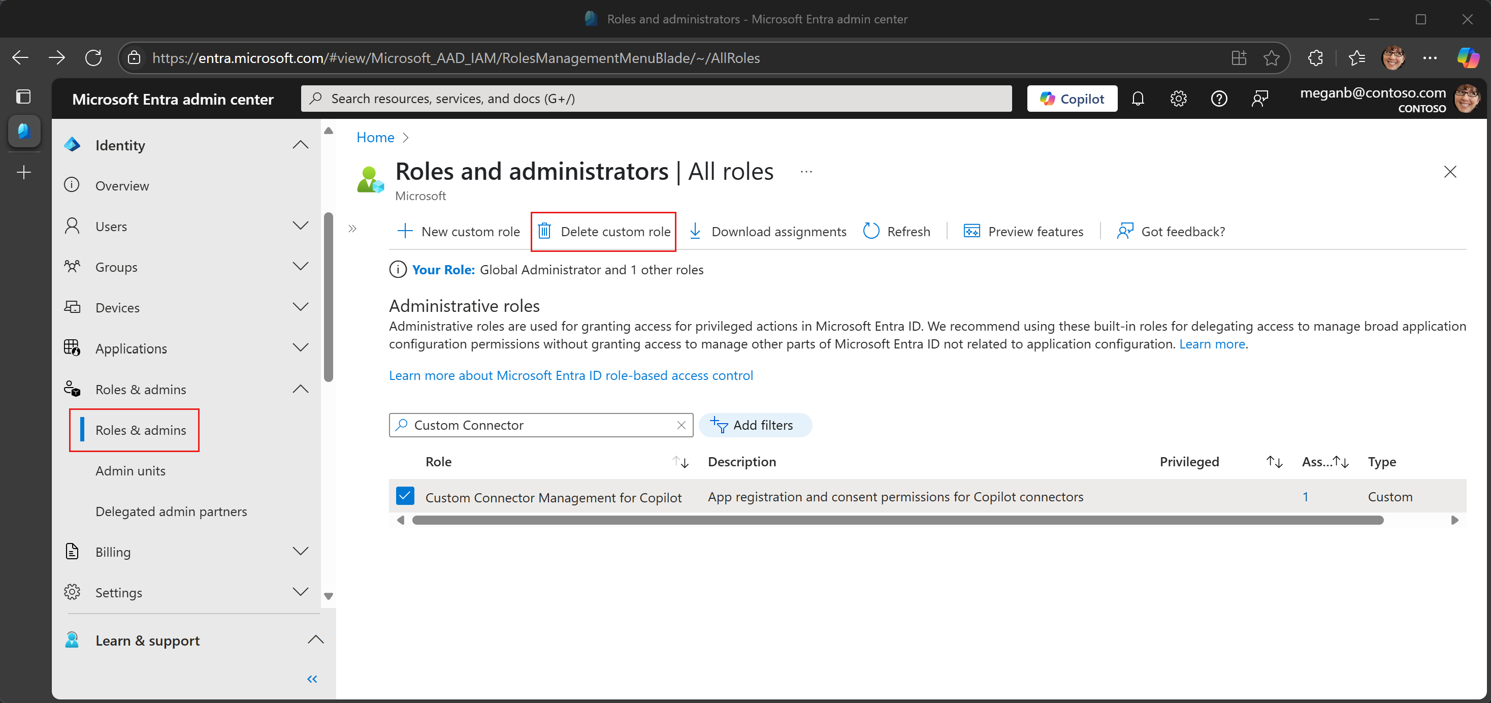 A screenshot of the Roles & admins page in Microsoft Entra admin center
