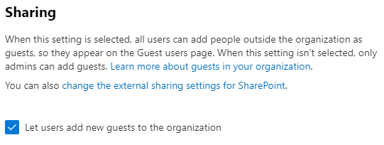 Screenshot of the security and privacy guest sharing setting in the Microsoft 365 admin center.