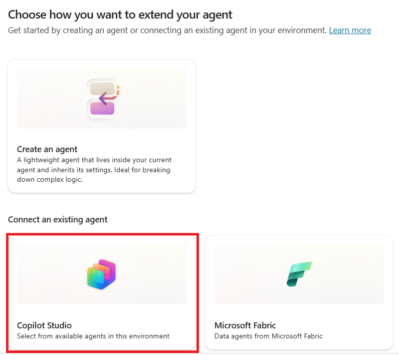 Screenshot showing selecting add Copilot Studio agent option