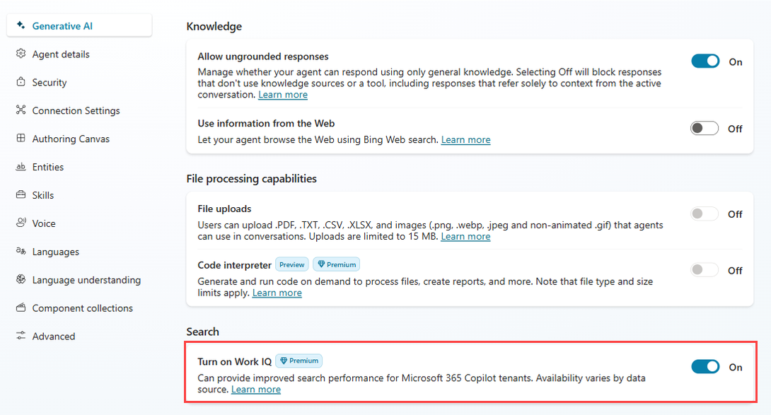 Screenshot of the Turn on Work IQ feature in the Search section.