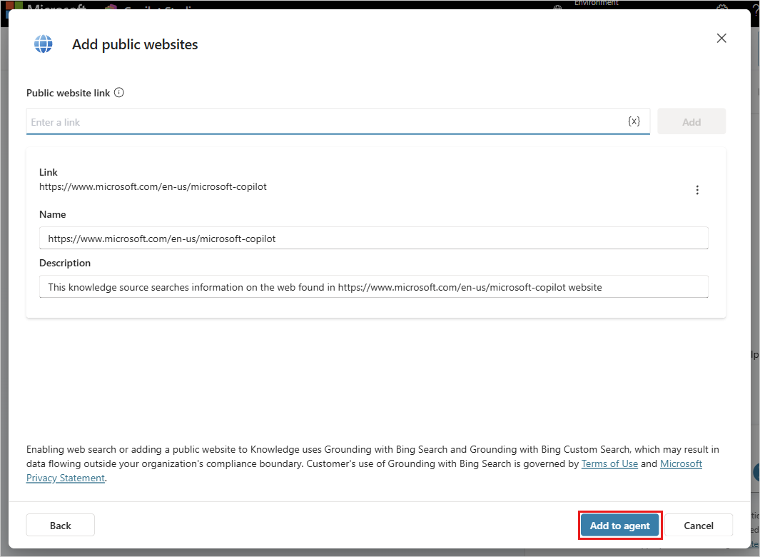 Screenshot of the Add public websites form showing the URL link added with auto-populated Name and Description fields and the Add to agent button.