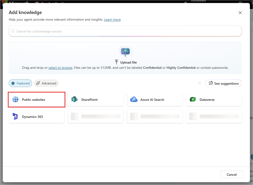 Screenshot of the Add knowledge dialog in Copilot Studio showing knowledge source types including the Public websites option.