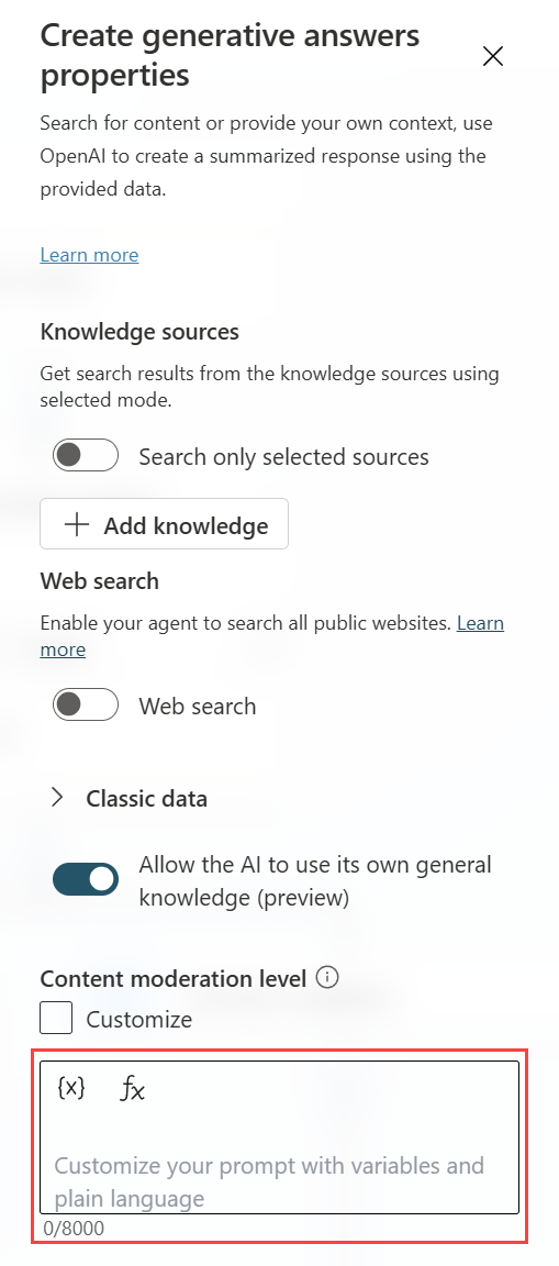 Screenshot of the create generative answers properties pane, highlighting the custom prompt instruction field.