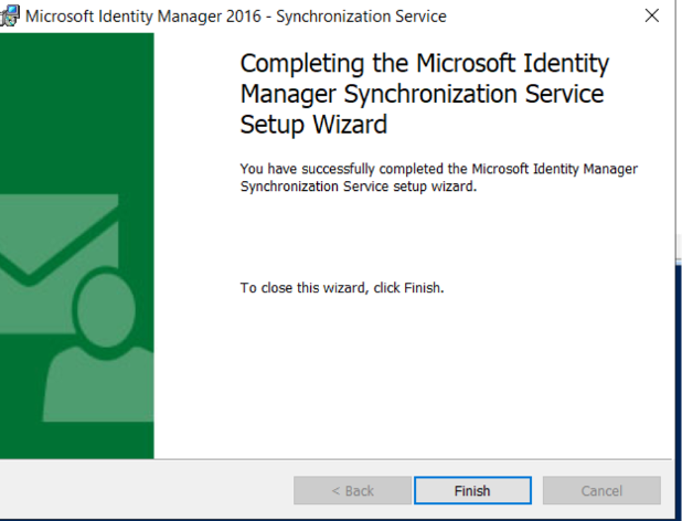 Screenshot of the Microsoft Identity Manager Synchronization Service Setup Wizard showing the completion screen with a message that the setup finished successfully.