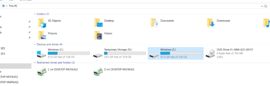 Screenshot of the PC view in File Explorer showing the new Windows E: virtual drive alongside other drives.