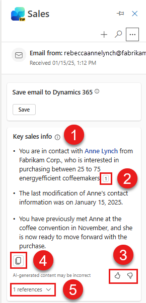 Screenshot of an email summary card in the Sales pane in Outlook when reading an email, with numbered callouts.