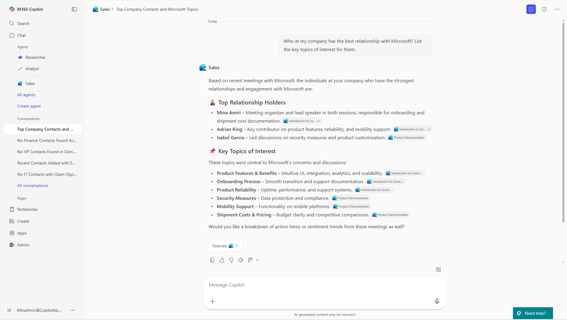 Screenshot of the customer meetings insights.