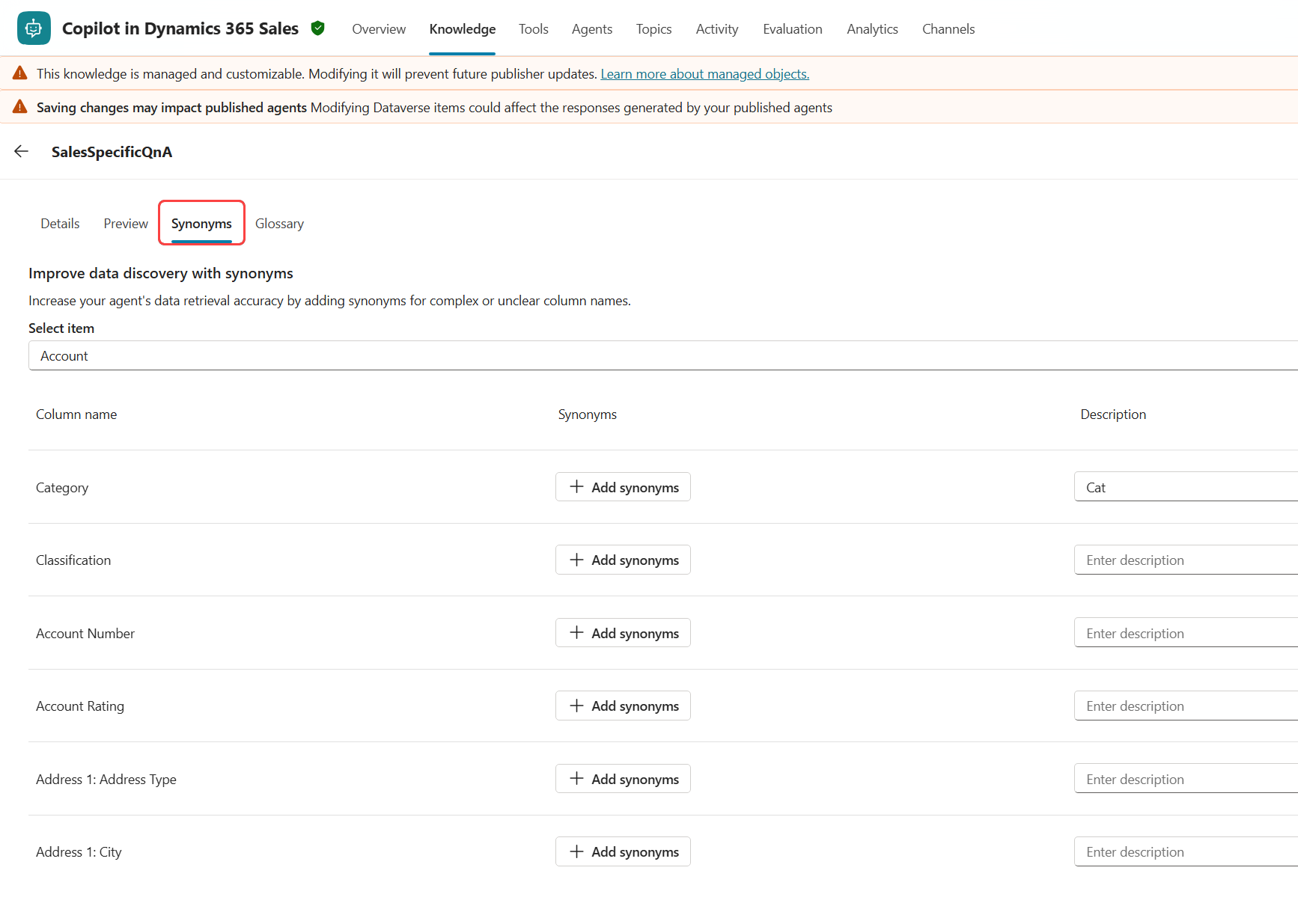Screenshot of the set up Synonym option in Microsoft Copilot Studio.