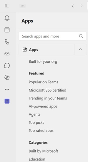 Screenshot that shows all the places where the users can browse apps in Microsoft Teams.