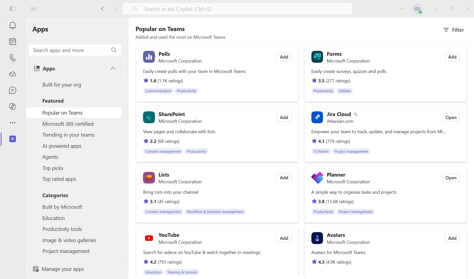Screenshot of an example of partner apps in the Teams store.