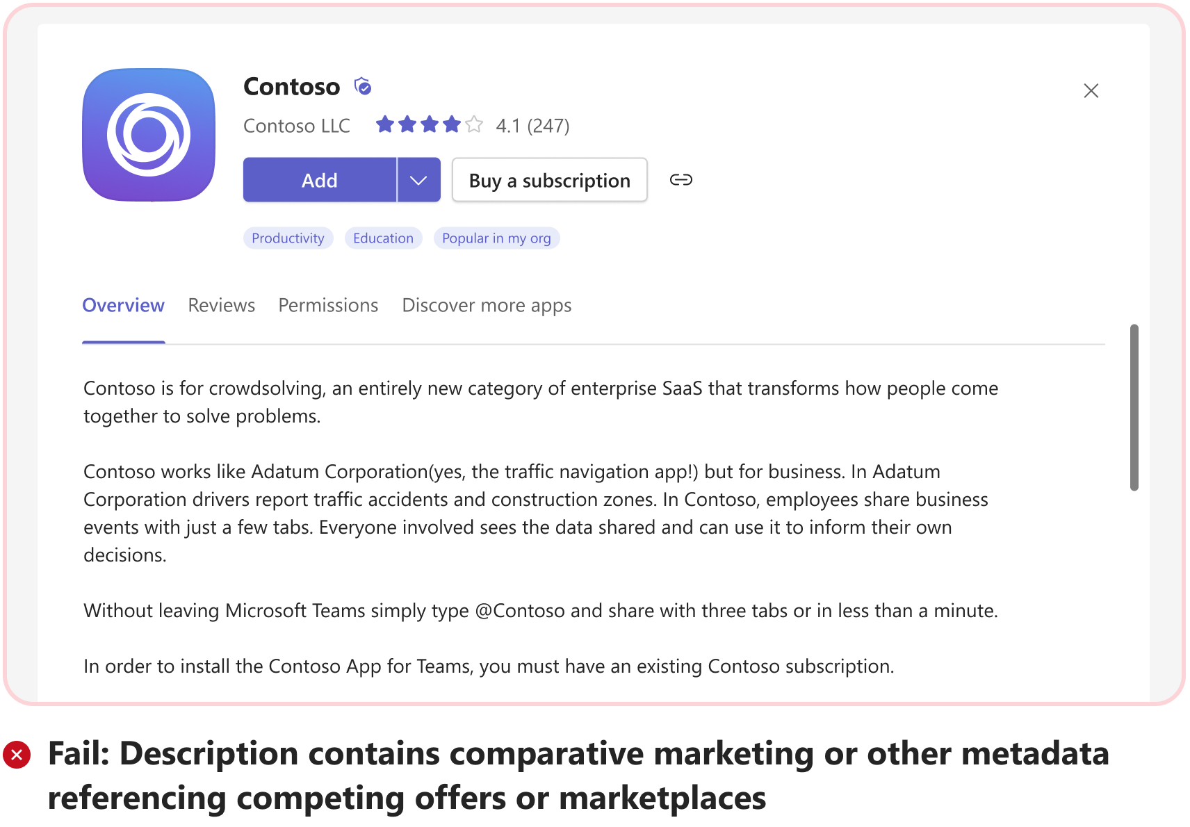 Graphic shows an example of comparative marketing information in app description.