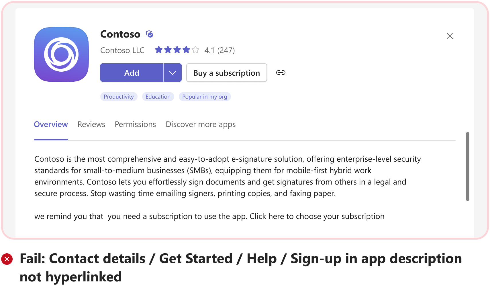 Graphic shows an example of contact details not hyperlinked in the app descriptions.