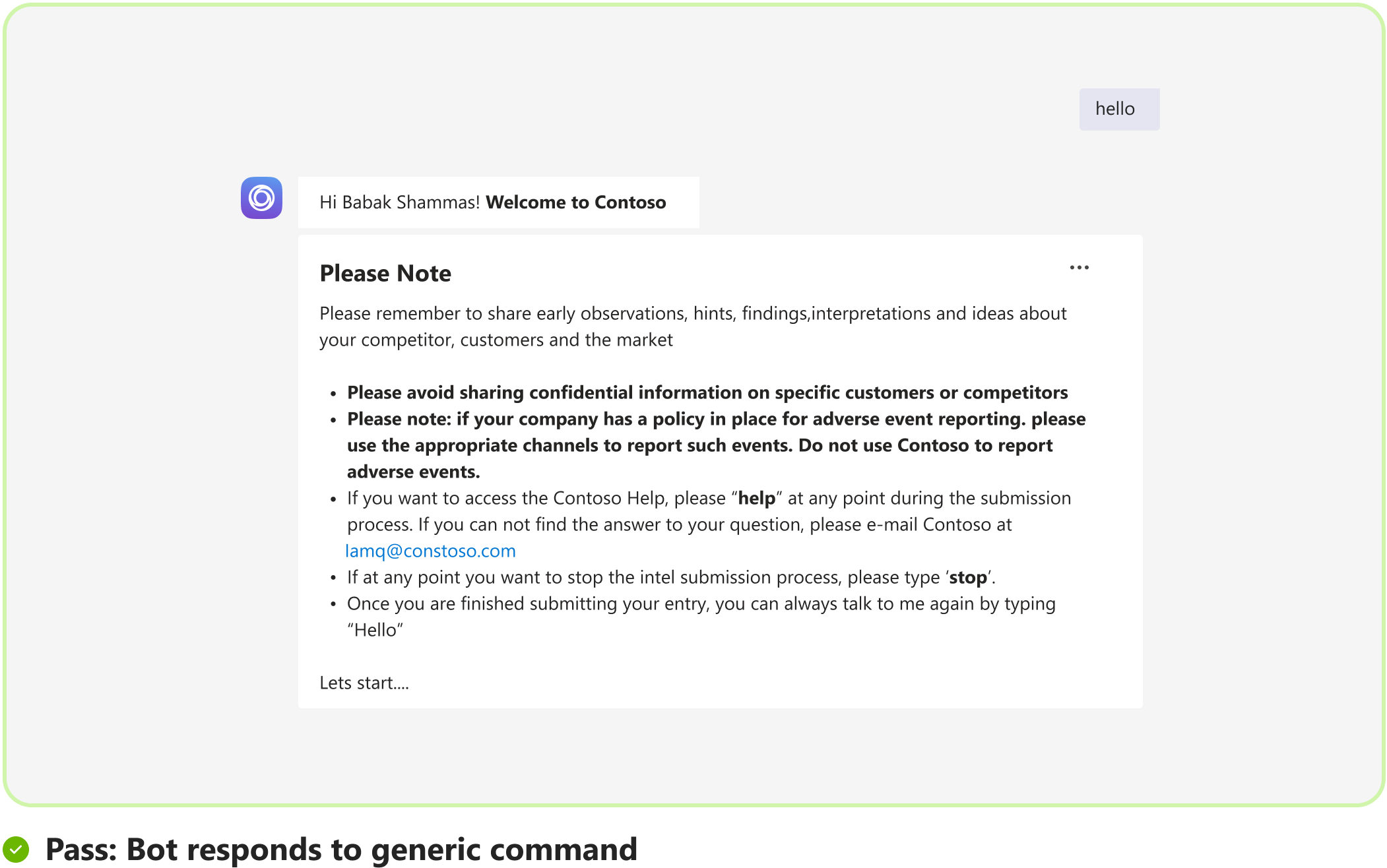 Graphic shows an example of bot responding to generic commands.