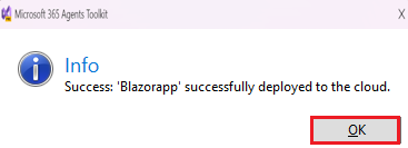 Screenshot shows OK option to select when your Blazor app is successfully deployed to the cloud.