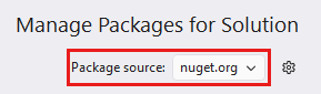 Screenshot of the upper-right corner of the Manage Packages for Solution window. The Package source list is highlighted, and nuget.org is selected.