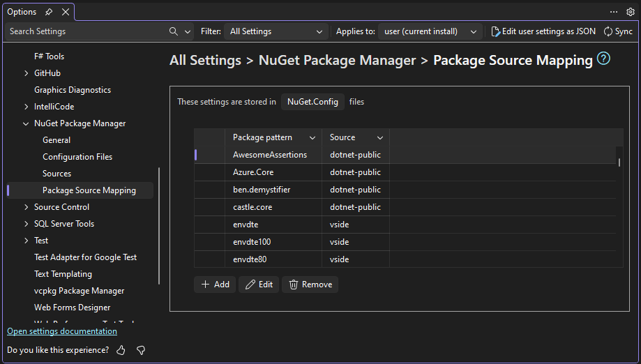 Package Source Mapping page of NuGet options