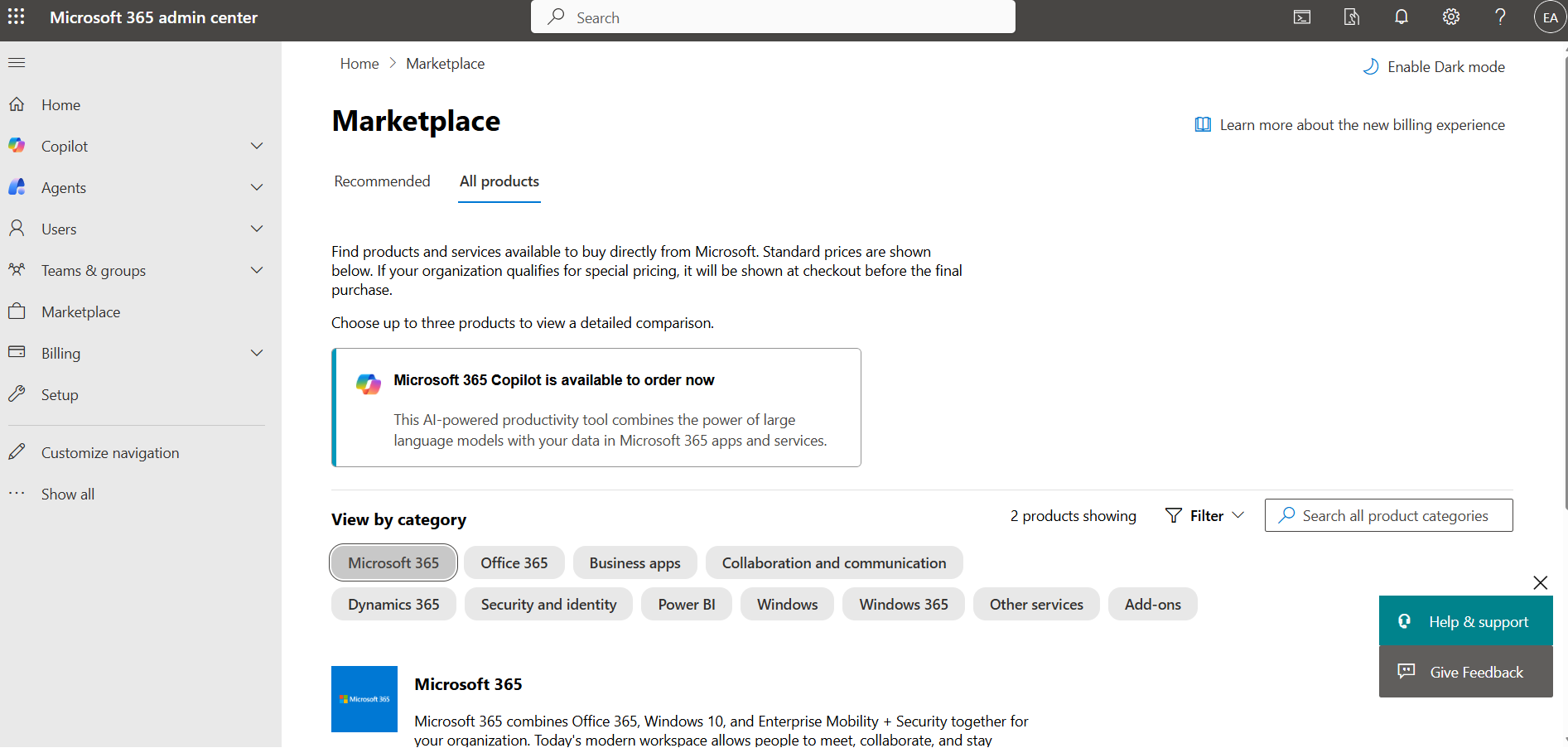 Microsoft 365 admin center marketplace