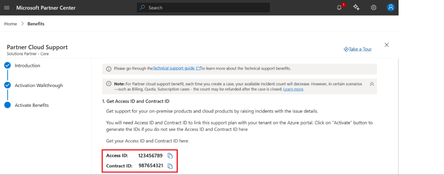 Screenshot that shows the Microsoft Product Support wizard in the Activate Benefits section with the contract ID and access ID highlighted.