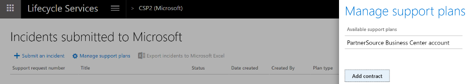 Screenshot that shows the Manage support plans pane on the Incidents submitted to Microsoft page.