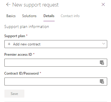 Screenshot that shows the New support request pane with the Details tab open.