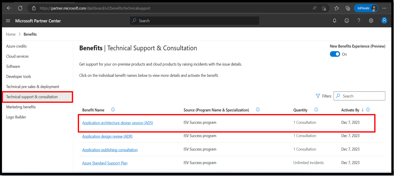 Screenshot that shows the Technical Support & Consultation page with a benefit highlighted.