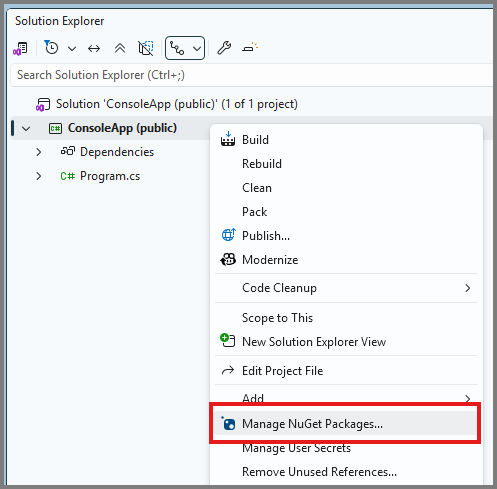 Screenshot of Solution Explorer with Manage NuGet Packages selected for the project.