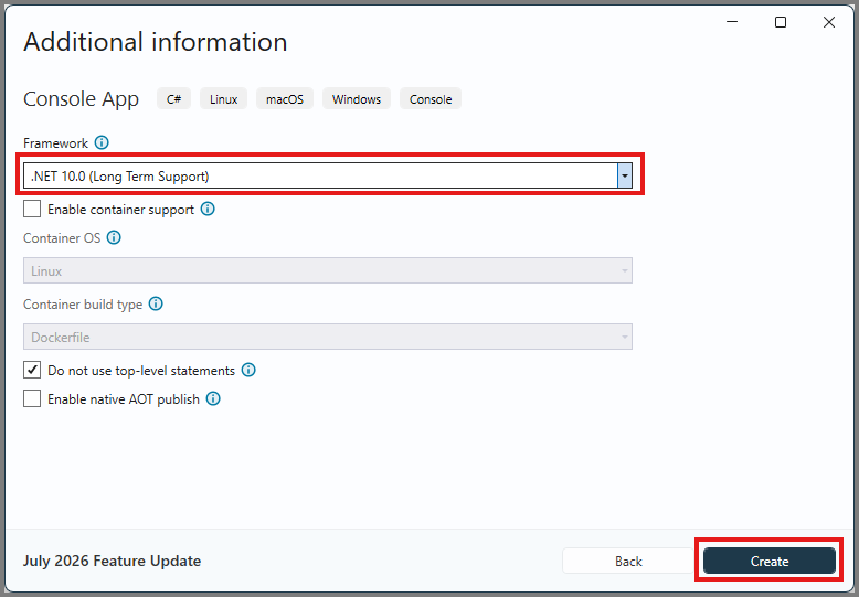 Screenshot of Visual Studio showing the .NET frameworks support configuration.