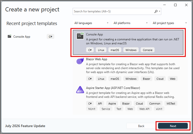 Screenshot of Visual Studio showing the .NET console app project template.