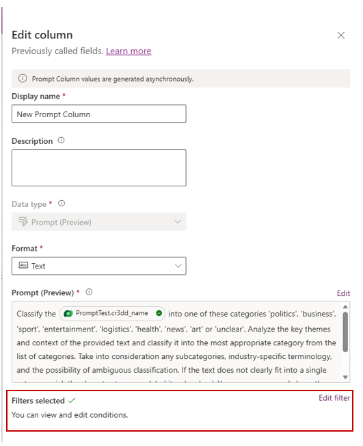 Filters selected message is displayed