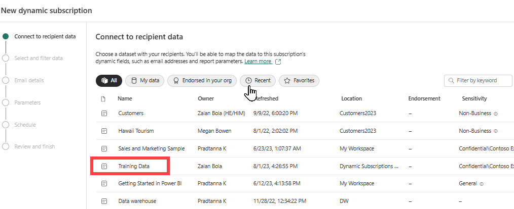Screenshot showing the Connect to recipient data step of the wizard with Training data outlined in red.