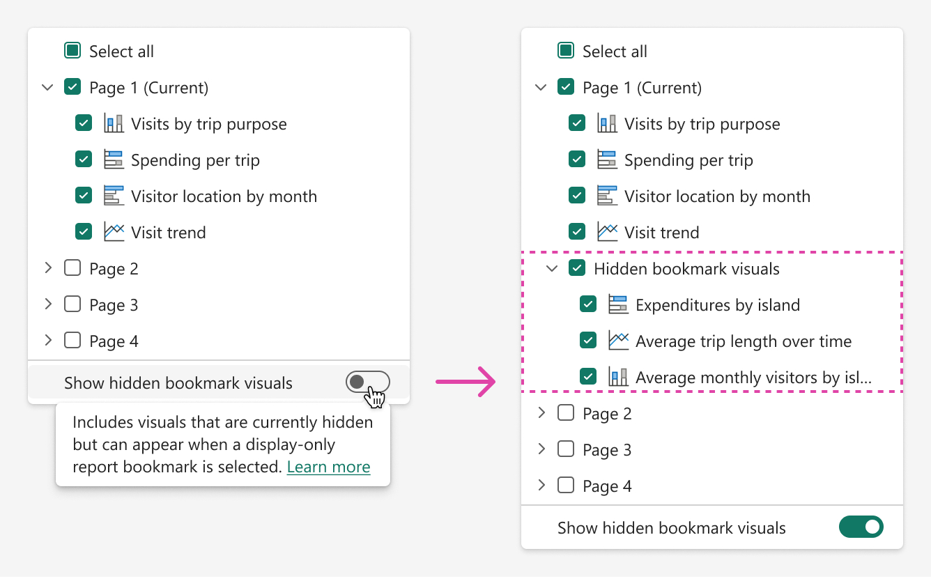 Screenshot of the hidden bookmark visual selection option in the Copilot narrative dialog.