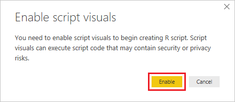 Screenshot of the Enable script visuals dialog with the Enable button highlighted.