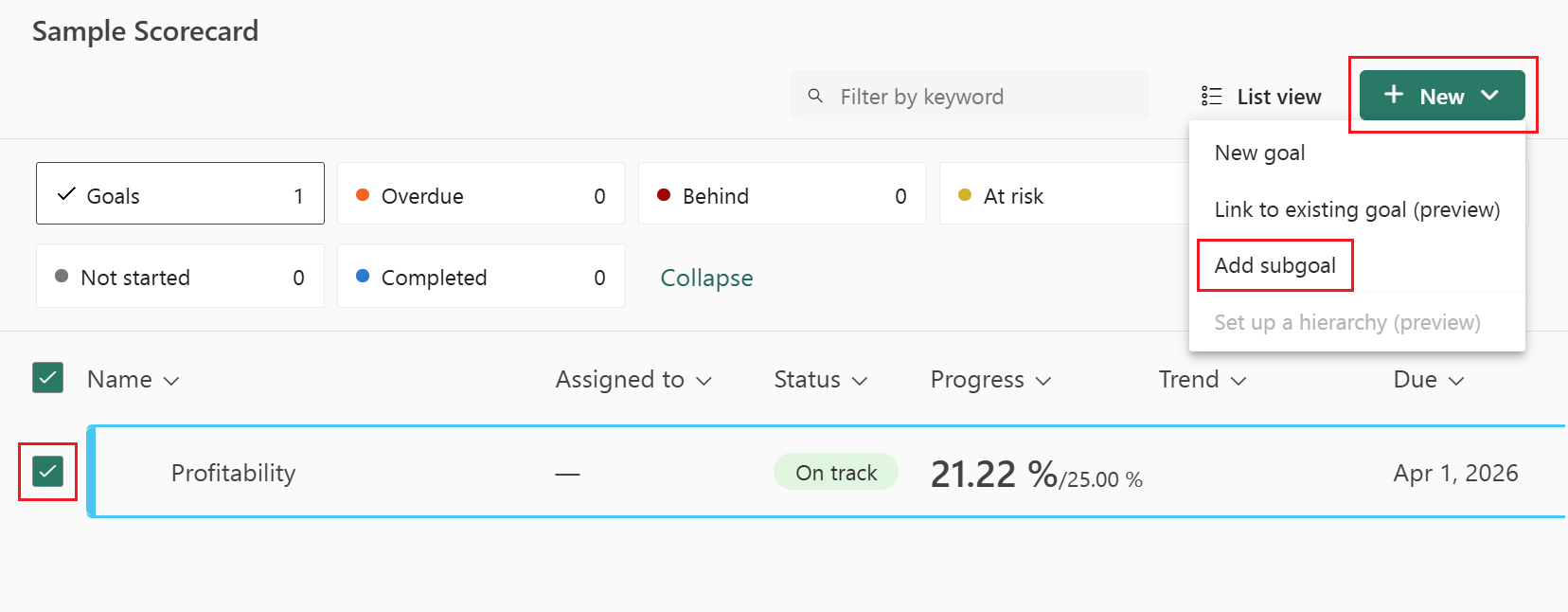 Screenshot showing how to select the Add Subgoal button.