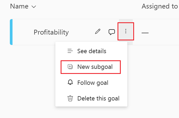 Screenshot showing how to select more options, then add subgoal.