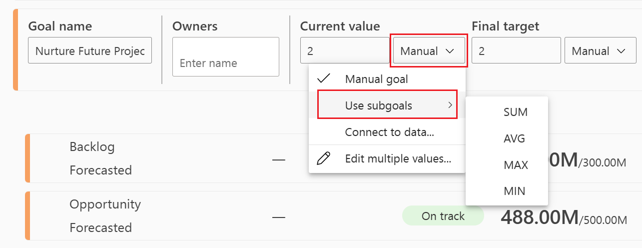 Screenshot showing the types of goals.