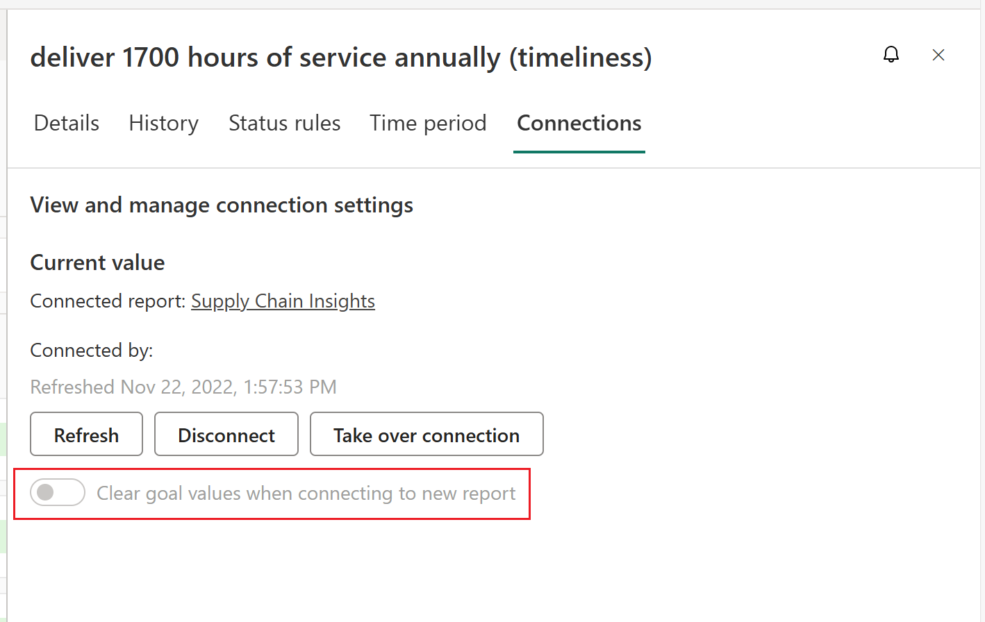 Screenshot showing scorecard data connection settings toggle.