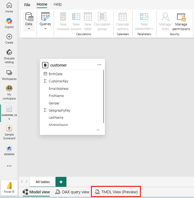 Screenshot showing the TMDL View button in Power BI service.