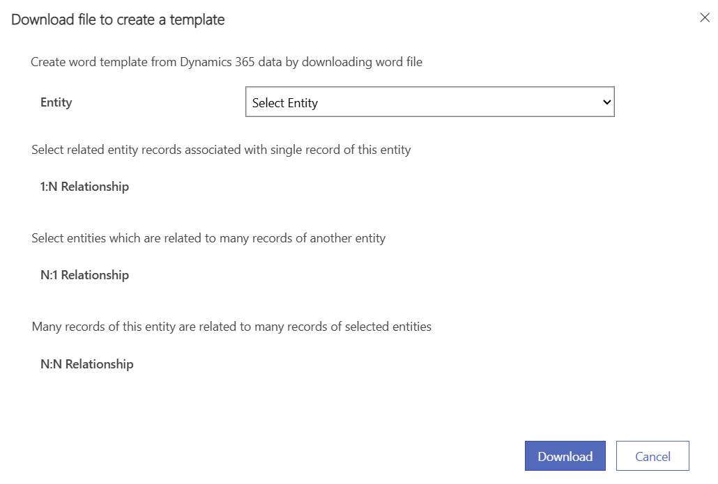 Screenshot of Download file to create a template dialog.