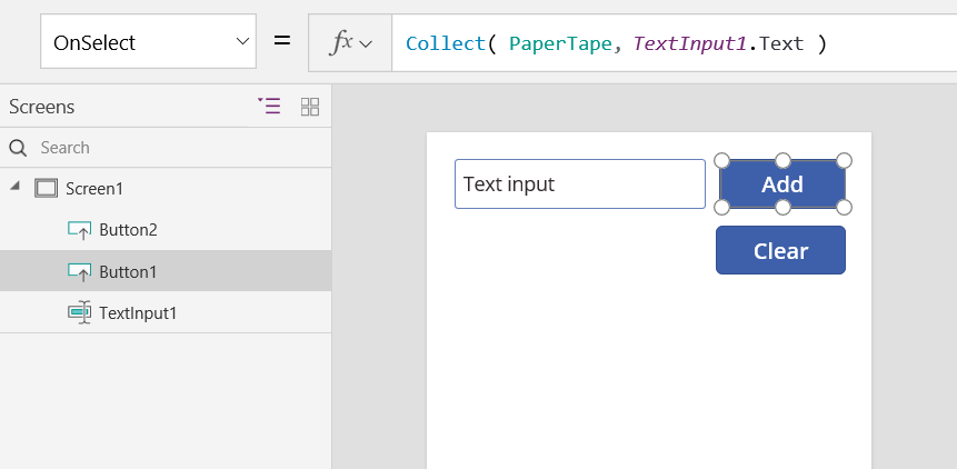 Screenshot of the Add button OnSelect property collecting an input value in PaperTape.