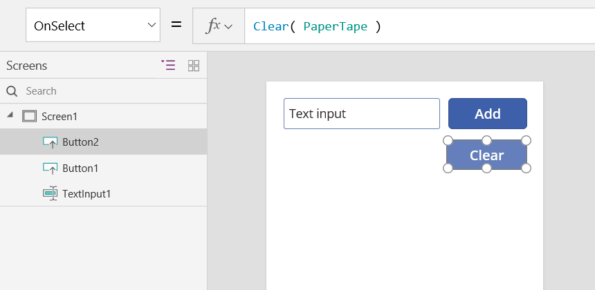 Screenshot of the Clear button OnSelect property clearing all values from PaperTape.