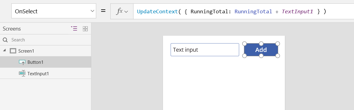 Screenshot of the Add button OnSelect property updating the RunningTotal context variable.
