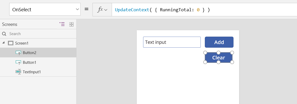Screenshot of the Clear button OnSelect property resetting the RunningTotal context variable.