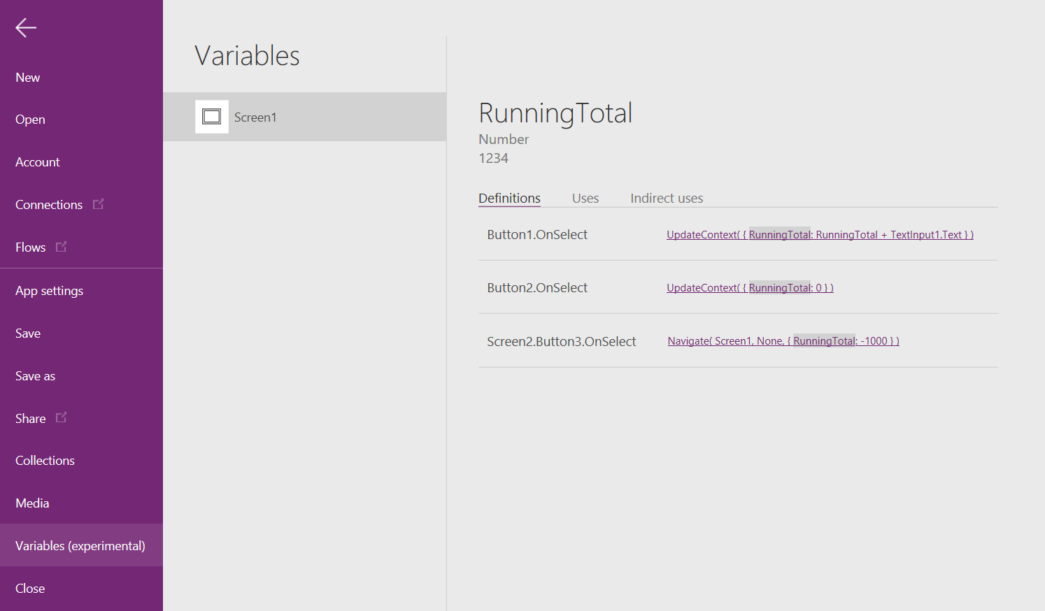 Screenshot of the locations where a context variable is defined and used in the app.