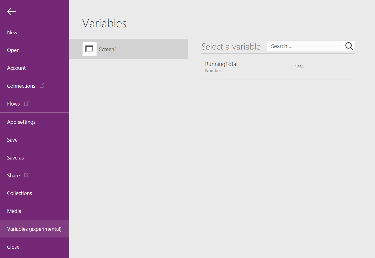 Screenshot of the context Variables option selected from the File menu in the app editor.