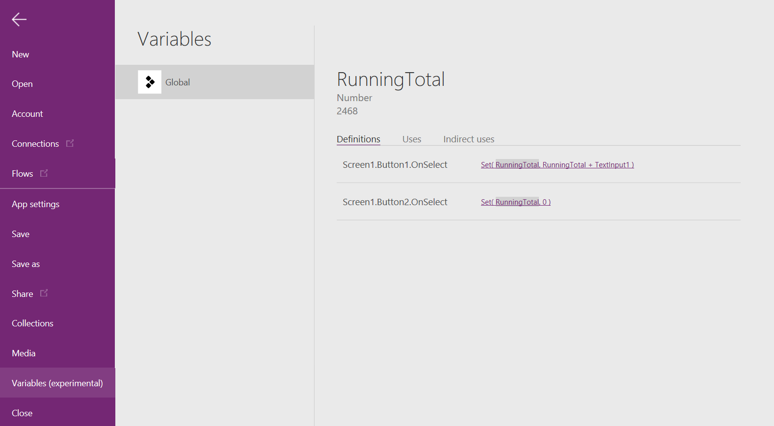 Screenshot of the locations where a global variable is defined and used in the app.