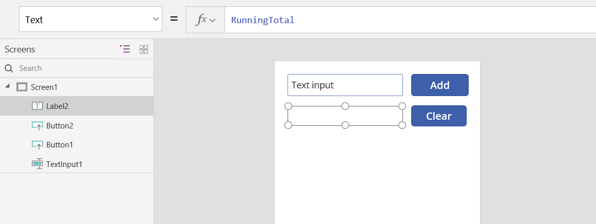 Screenshot of a label Text property displaying the value of the RunningTotal global variable.