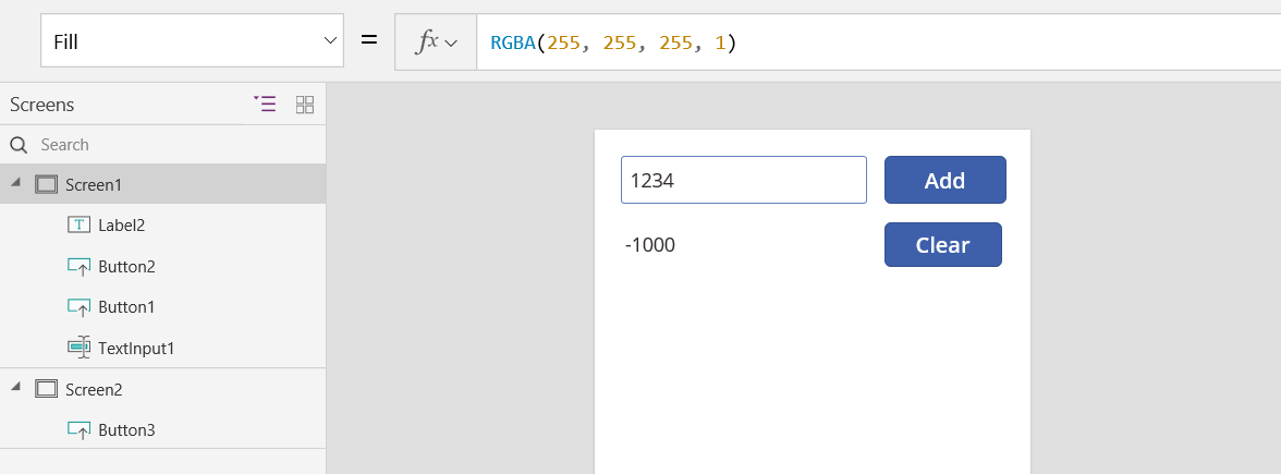 Screenshot of Screen1 after navigation sets the RunningTotal context variable to negative 1000.