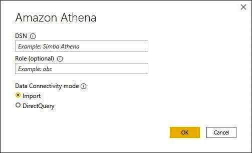 Screenshot of the Amazon Athena connector dialog where you enter the connection information.