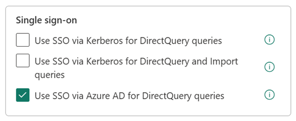 Screenshot of the Denodo data source settings with the Use SSO via Azure AD for DirectQuery queries checkbox selected.