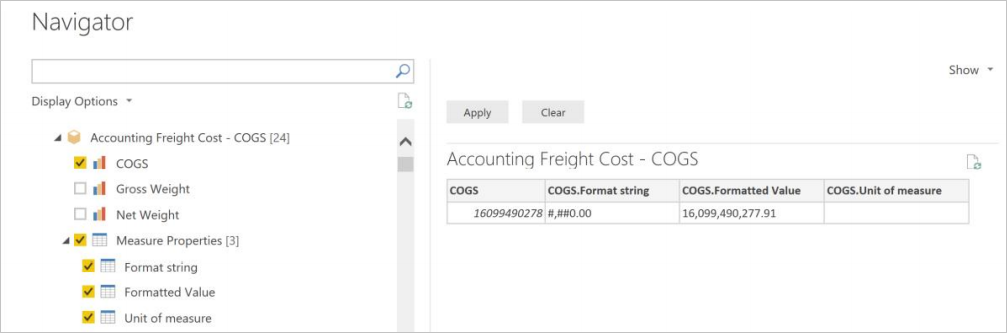 Screenshot of the navigator showing the Format string, Formatting value, and Units of measure properties selected.